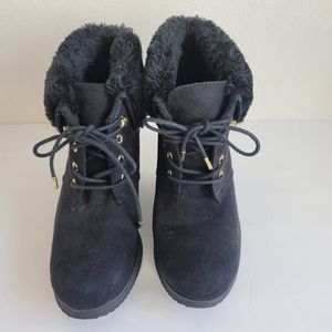 Whitemt. Fabric Faux Fur Upper Heeled boots Size 8 1/2M Black
